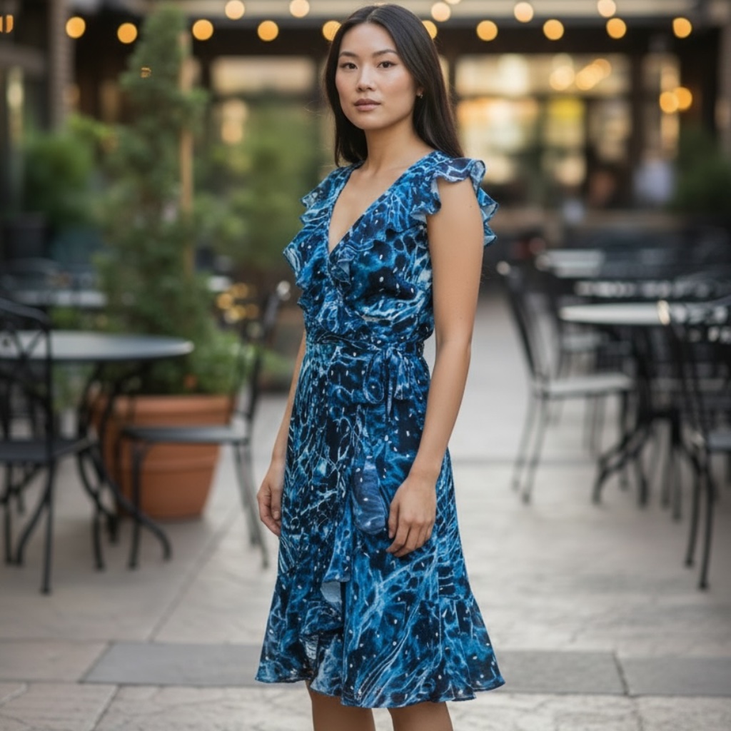 White House Black Market Blue Abstract Wrap Midi Dress Elegant Nwt